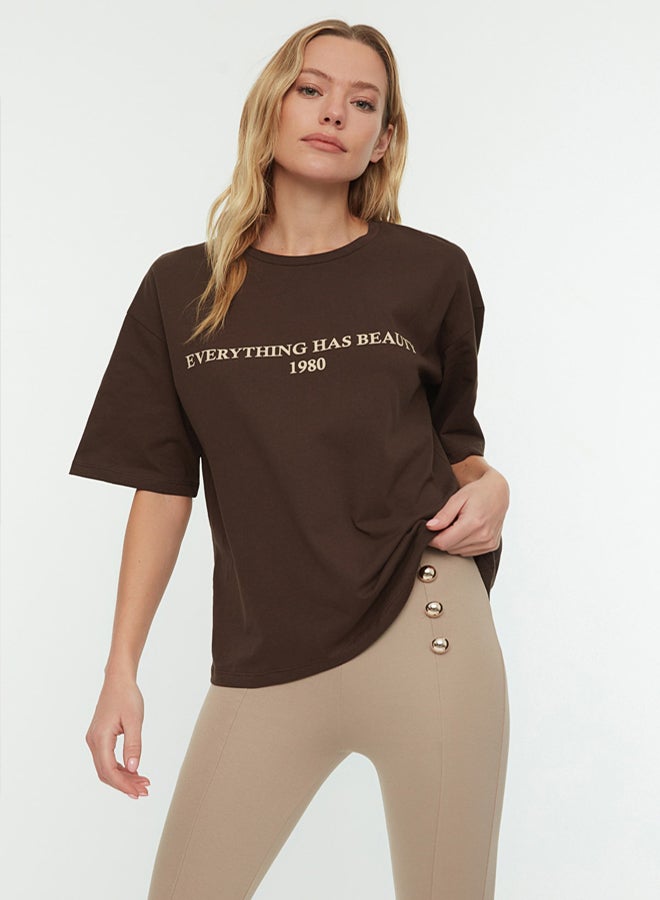 trendyol Printed Women Brown T-shirt - Image 2