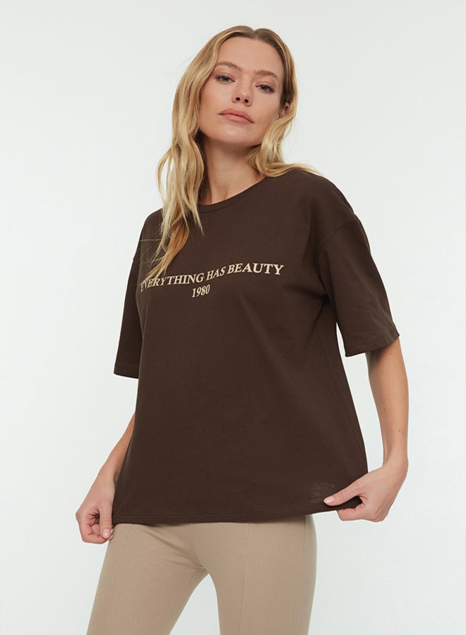 trendyol Printed Women Brown T-shirt - Image 3