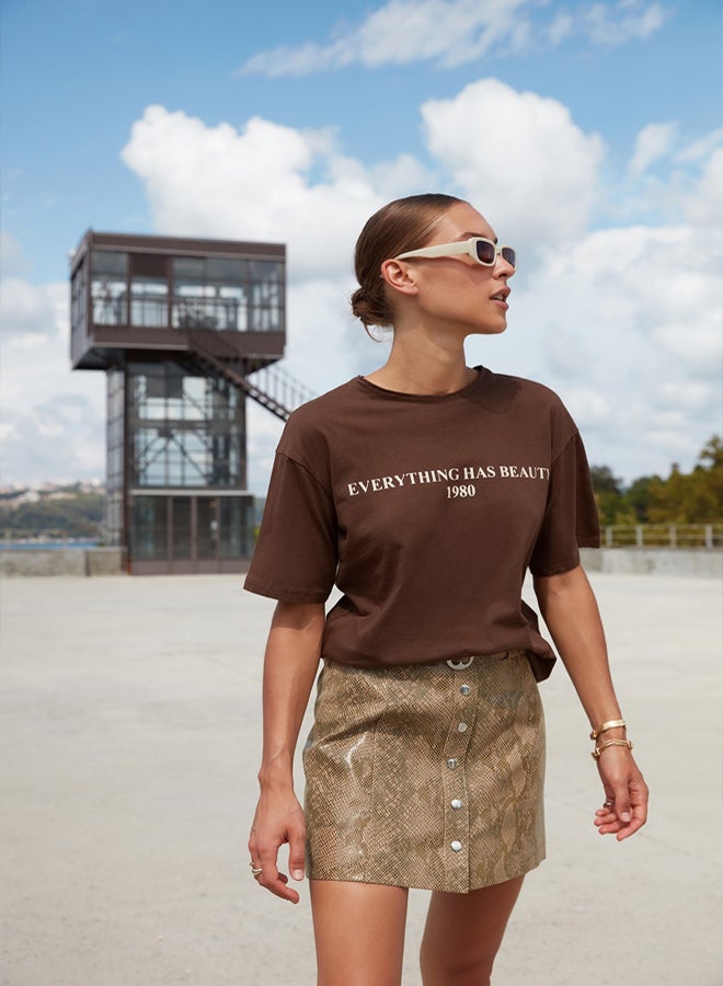 trendyol Printed Women Brown T-shirt - Image 1