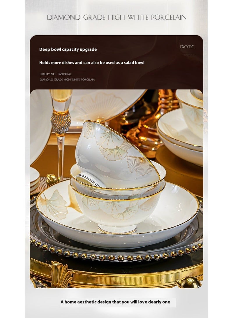 آي كي طقم أدوات مائدة سيراميك بنقشة الجنكو المذهبة – 24 قطعة | بورسلان أبيض سميك بطلاء تحت التزجيج | مانع للانزلاق وسهل التنظيف | آمن للميكروويف وغسالة الصحون | لون أبيض كريمي بحافة ذهبية | مناسب للاستخدام العائلي والهدايا - Image 4