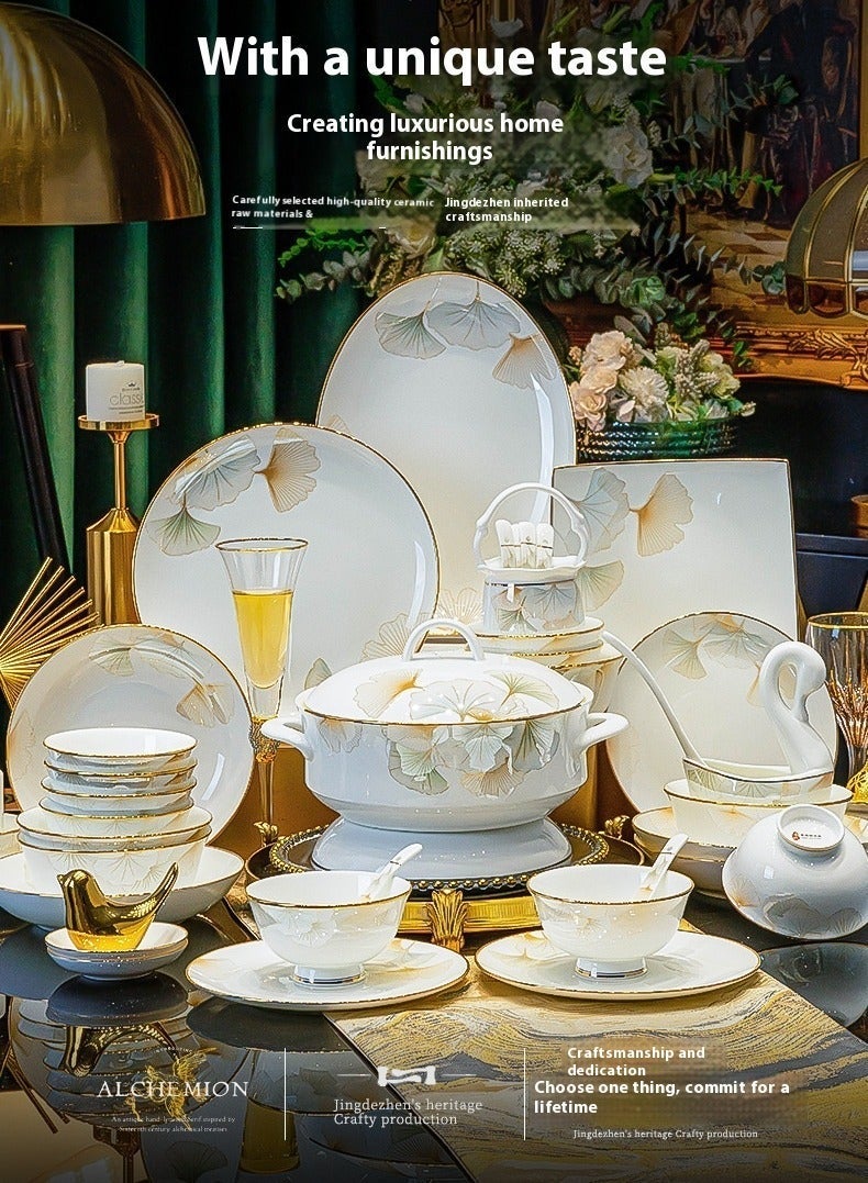 آي كي طقم أدوات مائدة سيراميك بنقشة الجنكو المذهبة – 24 قطعة | بورسلان أبيض سميك بطلاء تحت التزجيج | مانع للانزلاق وسهل التنظيف | آمن للميكروويف وغسالة الصحون | لون أبيض كريمي بحافة ذهبية | مناسب للاستخدام العائلي والهدايا - Image 1