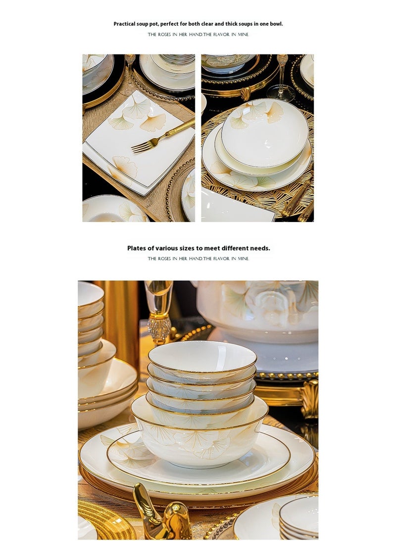 آي كي طقم أدوات مائدة سيراميك بنقشة الجنكو المذهبة – 24 قطعة | بورسلان أبيض سميك بطلاء تحت التزجيج | مانع للانزلاق وسهل التنظيف | آمن للميكروويف وغسالة الصحون | لون أبيض كريمي بحافة ذهبية | مناسب للاستخدام العائلي والهدايا - Image 3