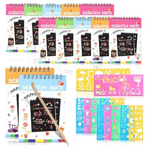 Finemoe Scratch Book with Stencil Scale for Kids, Bulk Return Gifts for Birthday, Magic Activity Kit, Thoughtful Return Gifts for Girls & Boys Ages 3 & Above, Art & Craft Kit for Kids (Large12 Set) - Image 1