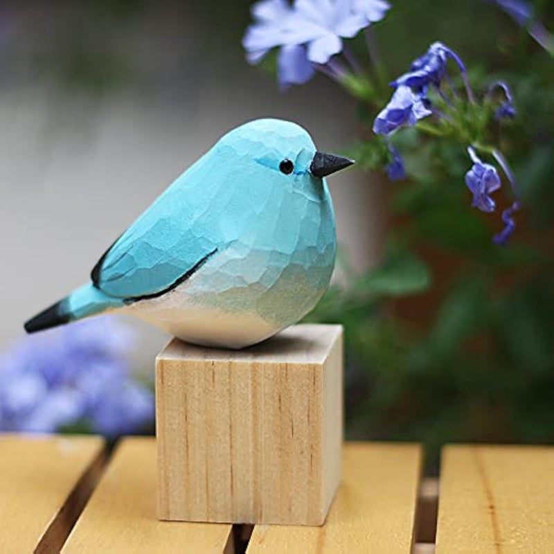 WEAUSUP Handmade Wooden Carved Bird Decor Sculpted HandPainted Bird Figurines Small Home Decor Bird Statue Shelf Decor BFF Gifts for Bird LoversBlue Robin