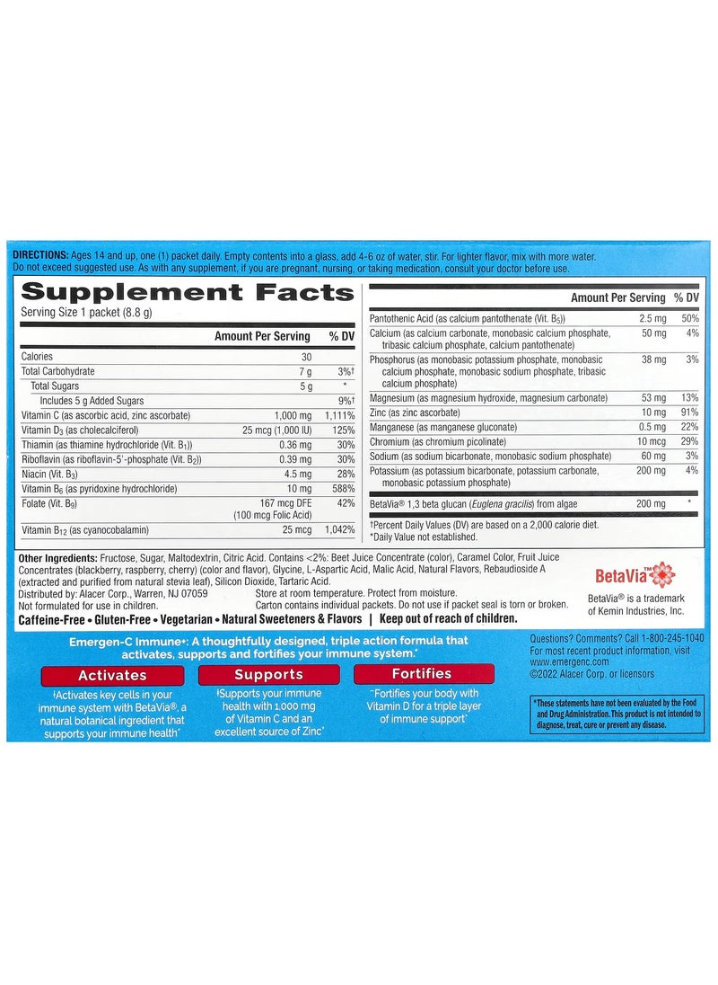 Emergen-C Immune+ Vitamin C + Vitamin D & Zinc, Raspberry, 30 Packets, 0.31 oz (8.8 g) Each  - Image 2