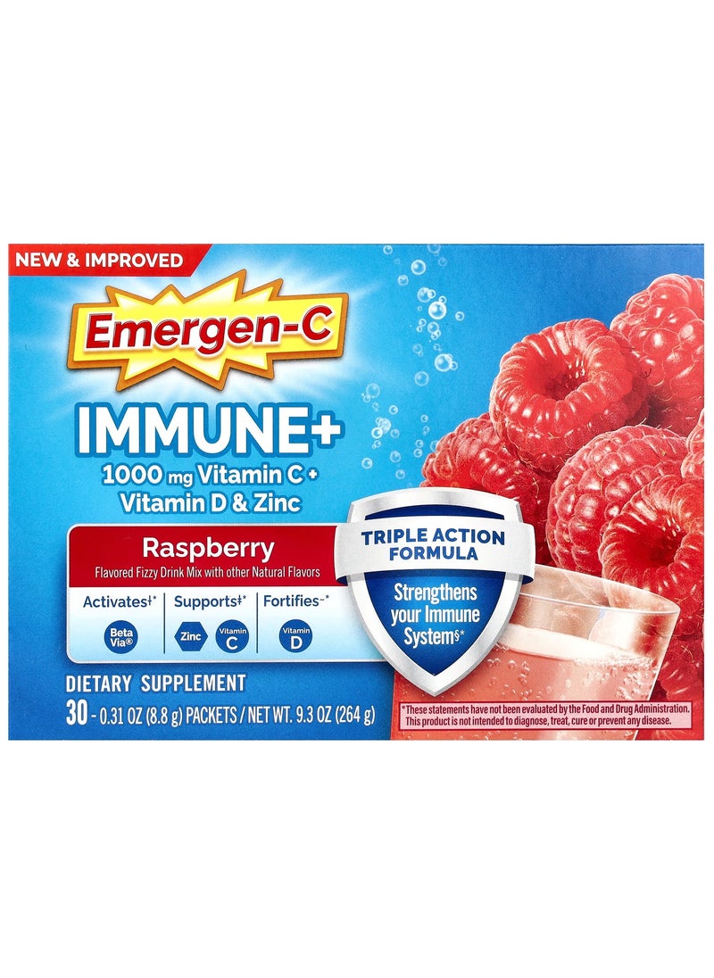 Emergen-C Immune+ Vitamin C + Vitamin D & Zinc, Raspberry, 30 Packets, 0.31 oz (8.8 g) Each  - Image 1
