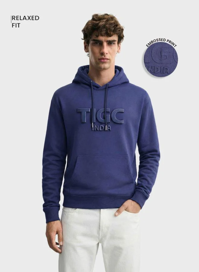 The Indian Garage Co Men Relaxed Fit Typographic Printed Crew Neck Full Sleeves Overhead Hooded Sweatshirt