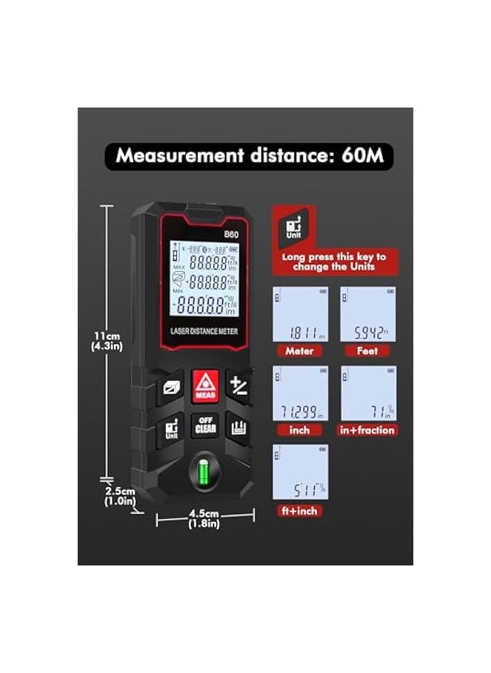 PROMASS Laser Meter,Digital Laser Rangefinder,Digital Laser Distance Meter with 1 Bubble Levels,M/In/Ft Unit switching Backlit 2.0 Inch LCD, Measure Distance, Area and Volume Diastimeter  - Image 2