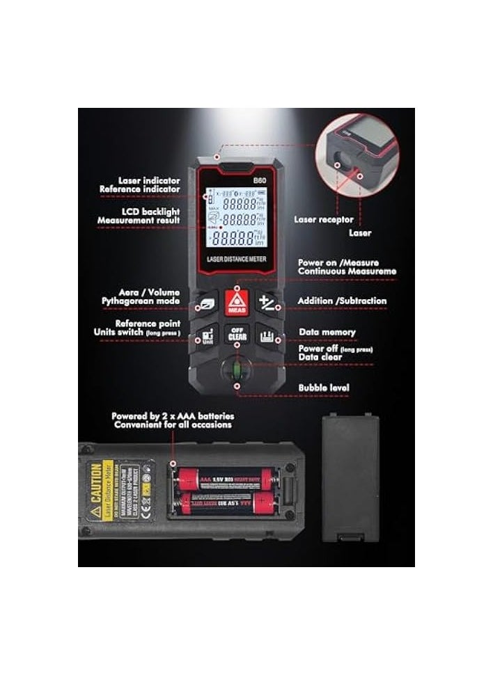 PROMASS Laser Meter,Digital Laser Rangefinder,Digital Laser Distance Meter with 1 Bubble Levels,M/In/Ft Unit switching Backlit 2.0 Inch LCD, Measure Distance, Area and Volume Diastimeter  - Image 4