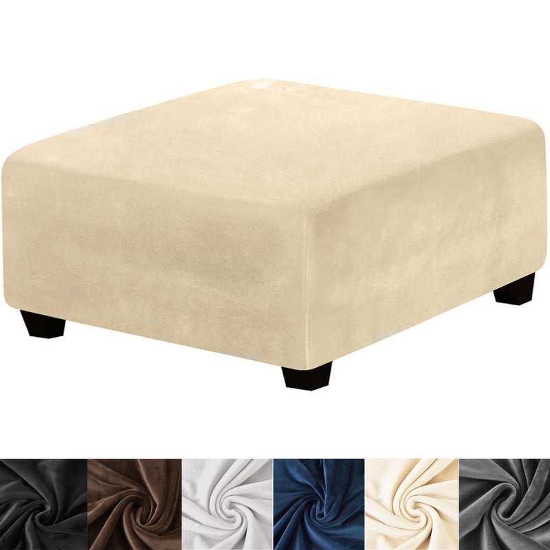 HFCNMY Ottoman CoverStretch Velvet Square Ottoman Cover Thick Ottoman Slipcover Square Washable Storage Foot Stool Cover with Elastic Bottom for Living Room Beige XLarge