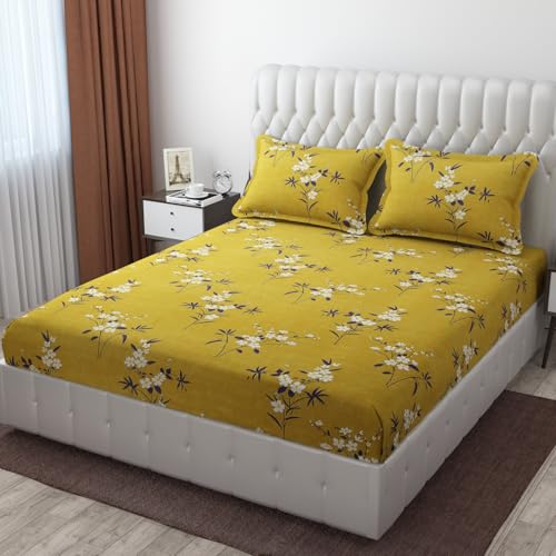 CB HOME Glace Cotton Fitted King Size Bedsheet for Double Bed with 2 Pillow Covers 72x78x8'' All Round Elastic (Print 1, Floral & Traditional King) - Image 1
