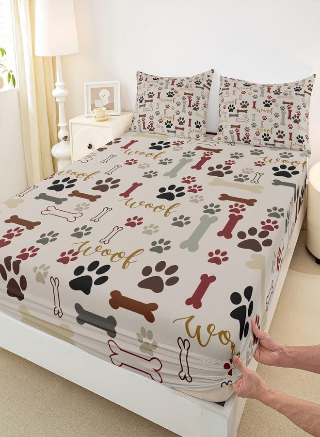 Homewish Dog Paw Print Fitted Sheet Twin Size,Bone Pattern Bedding Set 2pcs for Kids Teens Girls Boys Room Decor,Pet Animal Bed Cover Cartoon Bed Sheet Set with 1 Pillowcase - Image 1