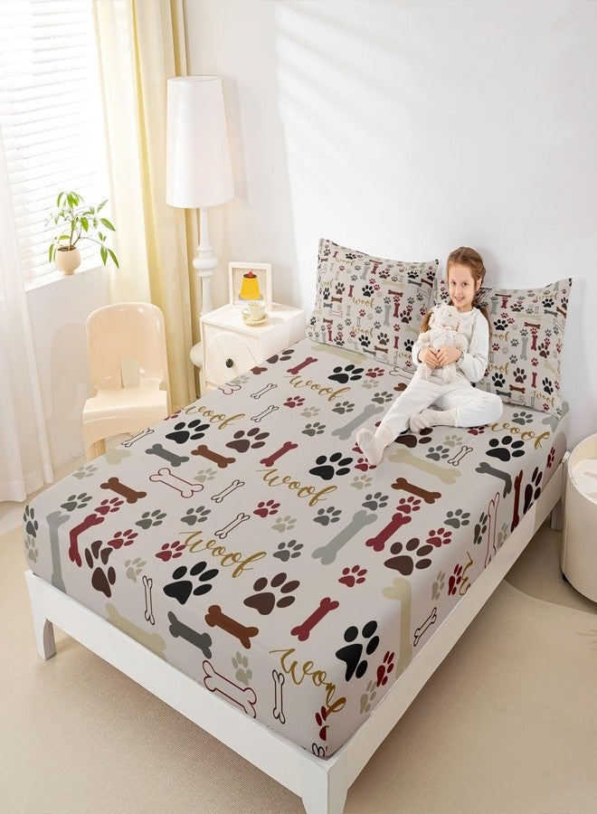 Homewish Dog Paw Print Fitted Sheet Twin Size,Bone Pattern Bedding Set 2pcs for Kids Teens Girls Boys Room Decor,Pet Animal Bed Cover Cartoon Bed Sheet Set with 1 Pillowcase - Image 3