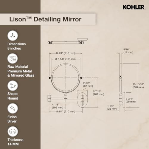 Kohler Lison Detailing Mirror with 2x Magnification | Wall Mounted Round Mirror | Swing-out Extendable Frame | Double Sided Mirror for Shaving, Makeup | 3 Years Warranty, 180 mm - Image 4