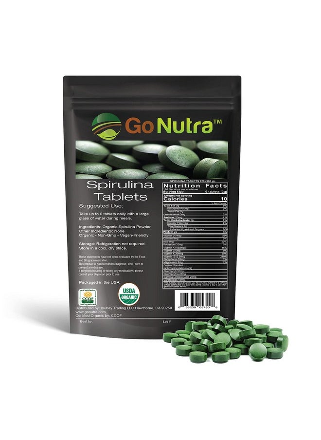 Go Nutra - Organic Spirulina Tablets 3000Mg Per Serving 720 Tablets Superfoods Rich In Minerals Vitamins Chlorophyll Amino Acids Fatty Acids Fiber & Proteins. Nonirradiated Nongmo & Vegan - Image 1