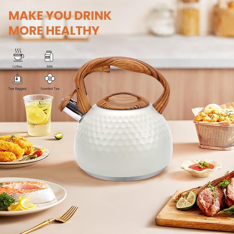 PIKFOS PIKFOS Tea Kettle 3 Liter Teapot Whistling Kettle with Wood Pattern Handle Loud Whistle Food Grade Stainless Steel Tea Pot for Stovetops Induction Diamond Design Water Kettle Gloss White - Image 2