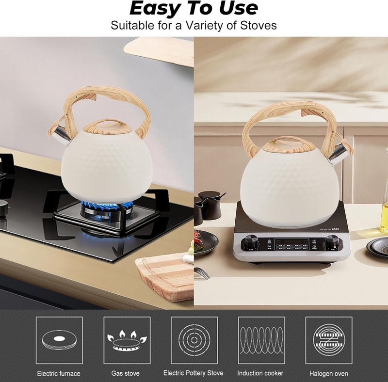 PIKFOS PIKFOS Tea Kettle 3 Liter Teapot Whistling Kettle with Wood Pattern Handle Loud Whistle Food Grade Stainless Steel Tea Pot for Stovetops Induction Diamond Design Water Kettle Gloss White - Image 4