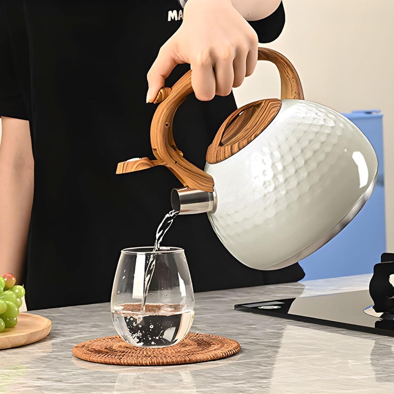 PIKFOS PIKFOS Tea Kettle 3 Liter Teapot Whistling Kettle with Wood Pattern Handle Loud Whistle Food Grade Stainless Steel Tea Pot for Stovetops Induction Diamond Design Water Kettle Gloss White - Image 1