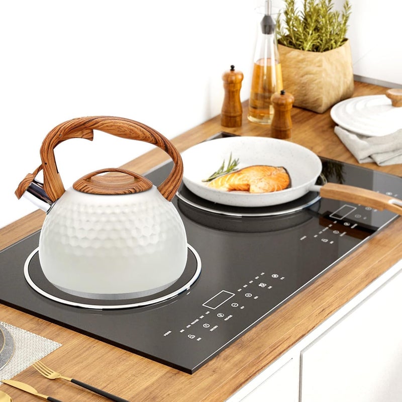 PIKFOS PIKFOS Tea Kettle 3 Liter Teapot Whistling Kettle with Wood Pattern Handle Loud Whistle Food Grade Stainless Steel Tea Pot for Stovetops Induction Diamond Design Water Kettle Gloss White - Image 3