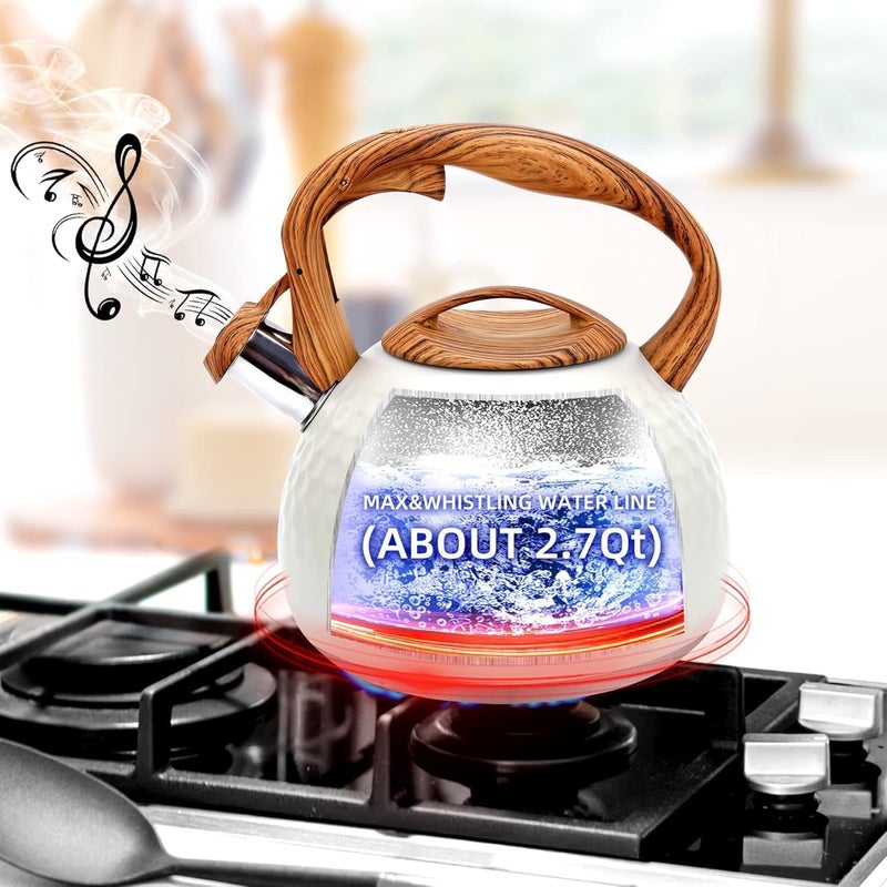 PIKFOS PIKFOS Tea Kettle 3 Liter Teapot Whistling Kettle with Wood Pattern Handle Loud Whistle Food Grade Stainless Steel Tea Pot for Stovetops Induction Diamond Design Water Kettle Gloss White - Image 5