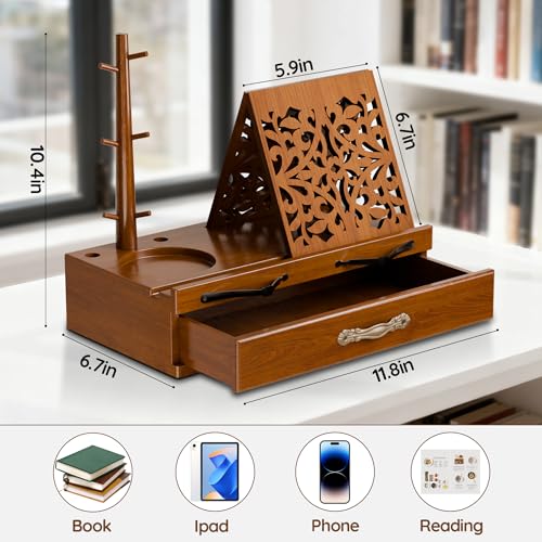 CILXGQLN Adjustable Wooden Book Stand with Storage - Multi-Function Hands Free Book Holder for Books, Tablets & Recipes with Cup Slot, Pen Groove & Page Holder - Perfect Kitchen Counter & Gifts for Book Lovers - Image 3