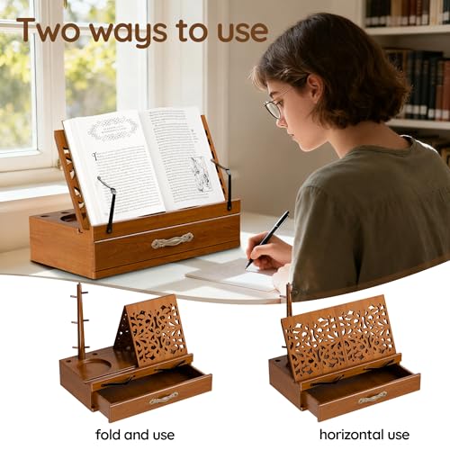 CILXGQLN Adjustable Wooden Book Stand with Storage - Multi-Function Hands Free Book Holder for Books, Tablets & Recipes with Cup Slot, Pen Groove & Page Holder - Perfect Kitchen Counter & Gifts for Book Lovers - Image 5