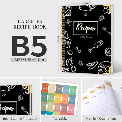 KAICN Recipe Book to Write in Your Own Recipes – Blank Recipe Book Cookbook, Hardcover Recipe Notebook Recipe Journal Hold 175 Pages Recipes with Tab Sticker, Spiral-Bound Durable Kitchen Gift Mother, 7.5"*10" - Black - Image 2