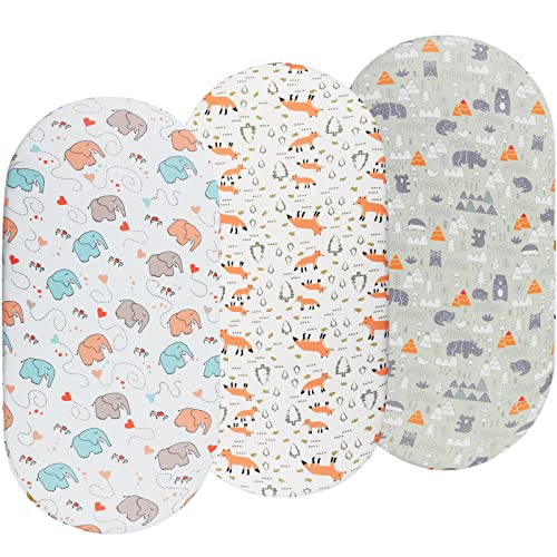 Bassinet Sheets 3 Pack for Baby Boy Soft Stretchy Universal Fitted Sheet Set for Oval Rectangle Hourglass Bassinet Mattress Forest Fox Elephant Printing