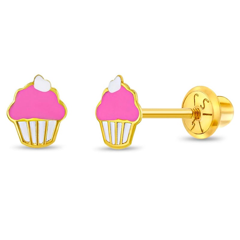 In Season Jewelry 14k Yellow Gold Pink & White Enamel Cupcake Screw Backs for Young Girls-Preteens, Cute Stud Earrings for Young Girls- Small Cupcake Studs for Children, Lovely Little Cupcakes for Girls, Food Stud - Image 1