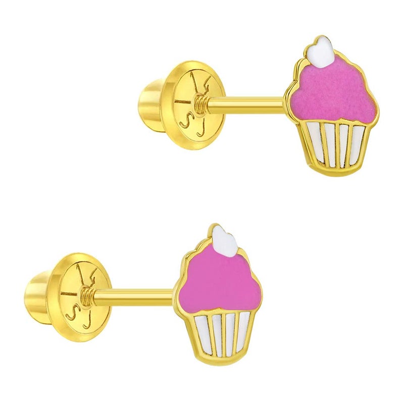In Season Jewelry 14k Yellow Gold Pink & White Enamel Cupcake Screw Backs for Young Girls-Preteens, Cute Stud Earrings for Young Girls- Small Cupcake Studs for Children, Lovely Little Cupcakes for Girls, Food Stud - Image 2
