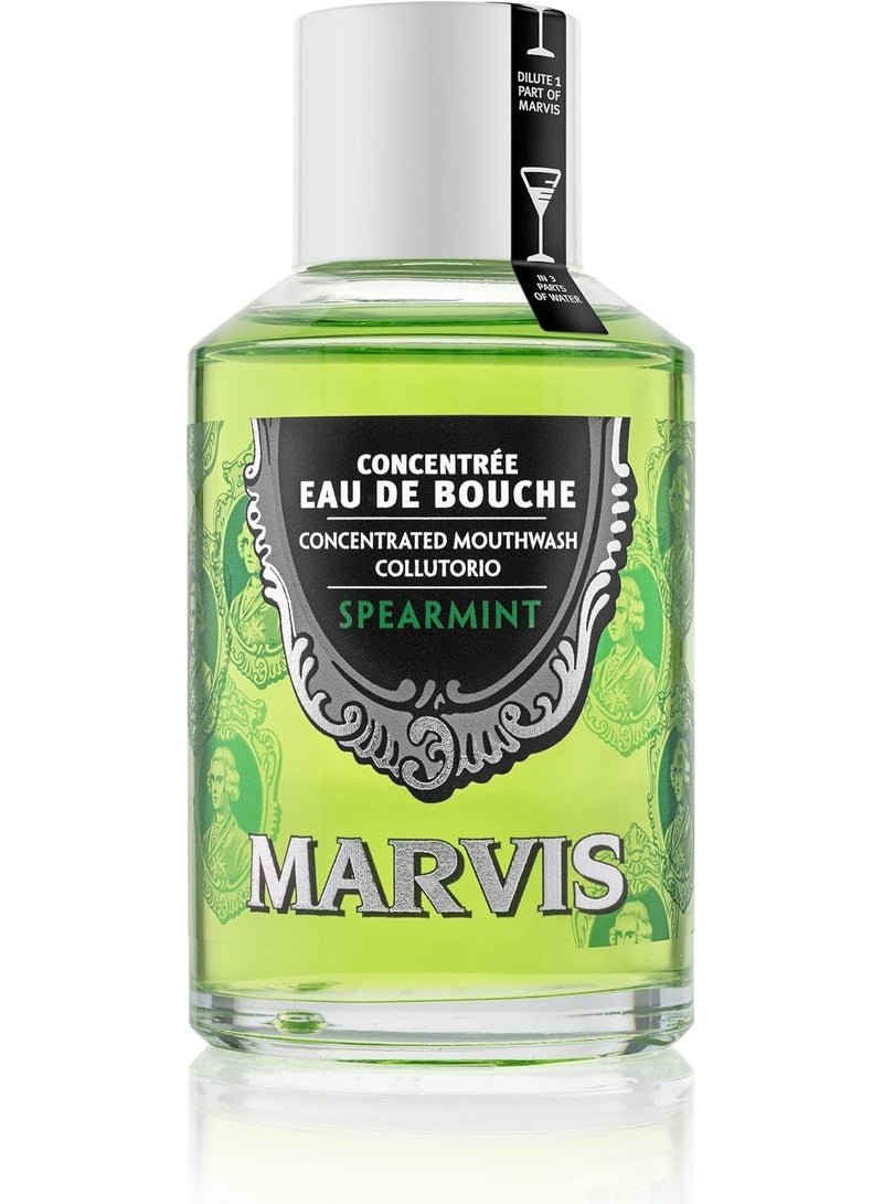 Marvis Concentrated Mouthwash Spearmint, 120ml, Alcohol Free Mouthwash for a Long-Lasting Fresh Breath, Helps Reduce Plaque Build-Up and Cares for Gums - Image 1
