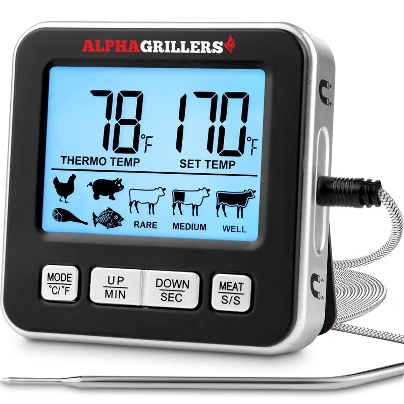 Alpha Grillers Turkey Thermometer Digital Meat Thermometer with Electric Oven Safe Wired Leavein Probe for Cooking Roasting Large Display with 7 Preset Temp Alerts Timer Alarm