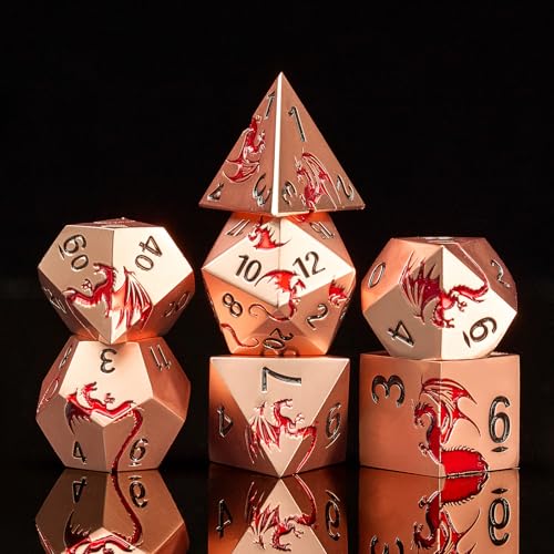 HNCCESG Ancient Gold Dragon Theme DND Dice SetHNCCESG 7PCS Metal Polyhedral Dice with Magnetic Gift Box for RPG Fantasy Tabletop Role Playing Games Gold with Red Dragon - Image 1
