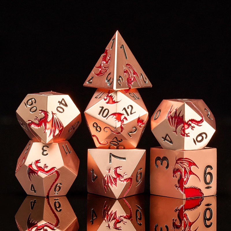 HNCCESG Ancient Gold Dragon Theme DND Dice SetHNCCESG 7PCS Metal Polyhedral Dice with Magnetic Gift Box for RPG Fantasy Tabletop Role Playing Games Gold with Red Dragon - Image 3