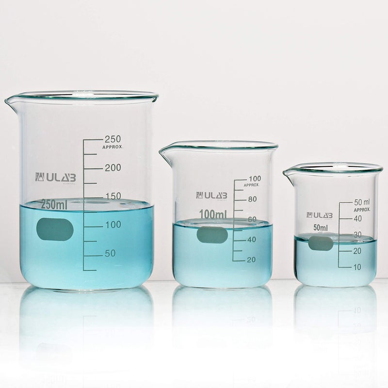 ULAB Scientific Glass Beaker Set, 3 Sizes 50ml 100ml 250ml, 3.3 Boro Griffin Low Form with Printed Graduation, UBG1001 - Image 3