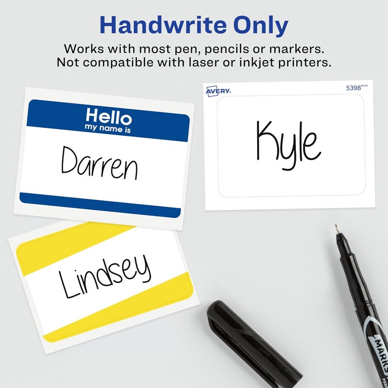 Avery Customizable Name Badge Labels, Hello My Name Is, 2-1/3" x 3-3/8", White with Blue Border, Removable Adhesive, 25 Count - Image 4