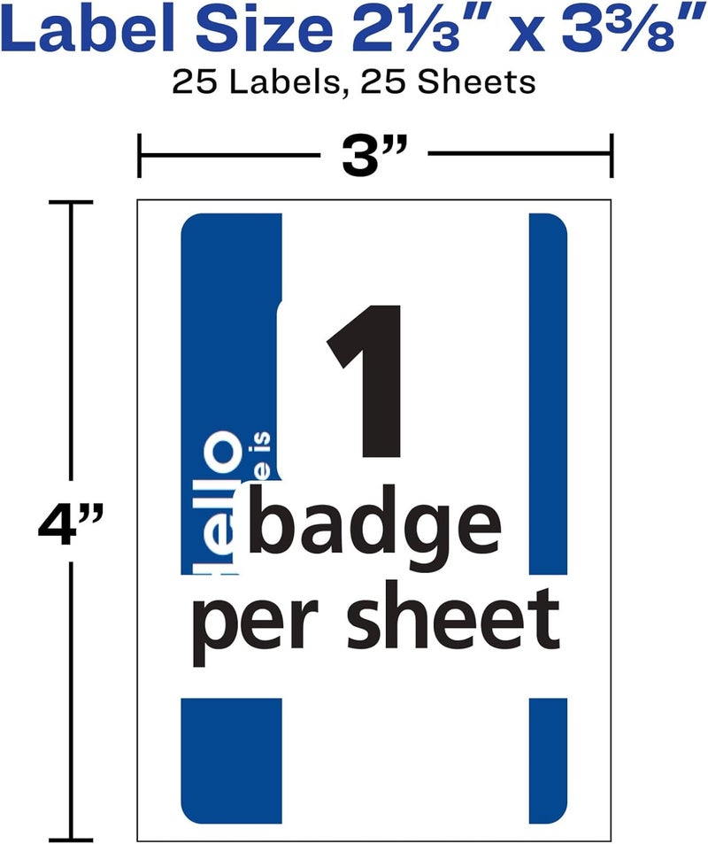 Avery Customizable Name Badge Labels, Hello My Name Is, 2-1/3" x 3-3/8", White with Blue Border, Removable Adhesive, 25 Count - Image 3