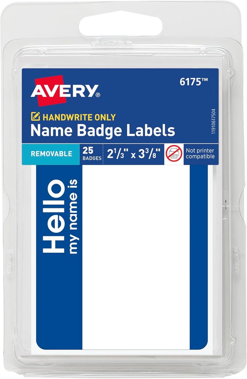 Avery Customizable Name Badge Labels, Hello My Name Is, 2-1/3" x 3-3/8", White with Blue Border, Removable Adhesive, 25 Count - Image 1