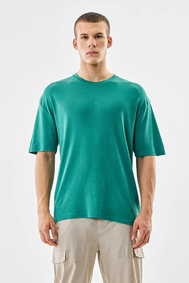 SNITCH Green Solid Half Sleeve Oversized Core Lab T-Shirt