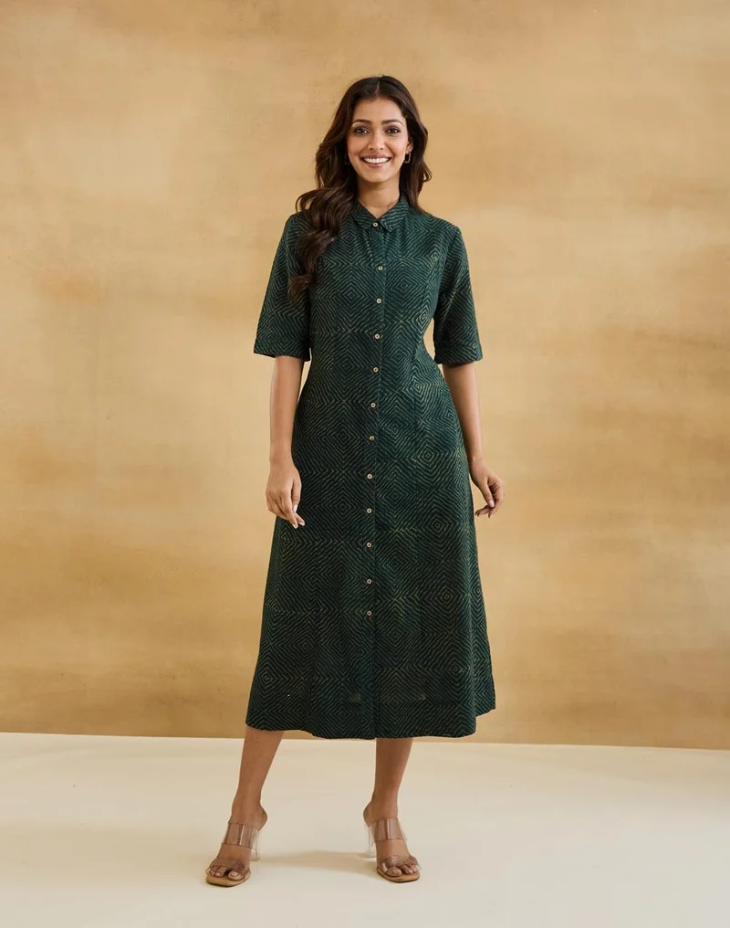 فاب انديا Green Cotton Dabu Midi Dress