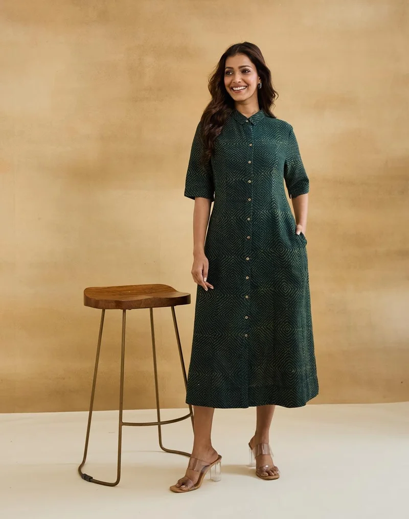 فاب انديا Green Cotton Dabu Midi Dress