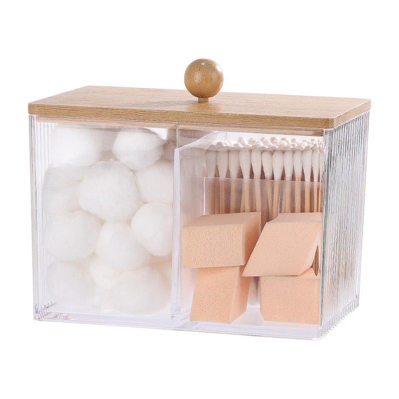 Ohlove Qtip Holder with Bamboo Lids 3 Compartments Cotton BallSwabs Dispenser Apothecary Jar Clear Plastic Bathroom Container for Storage and Organizer