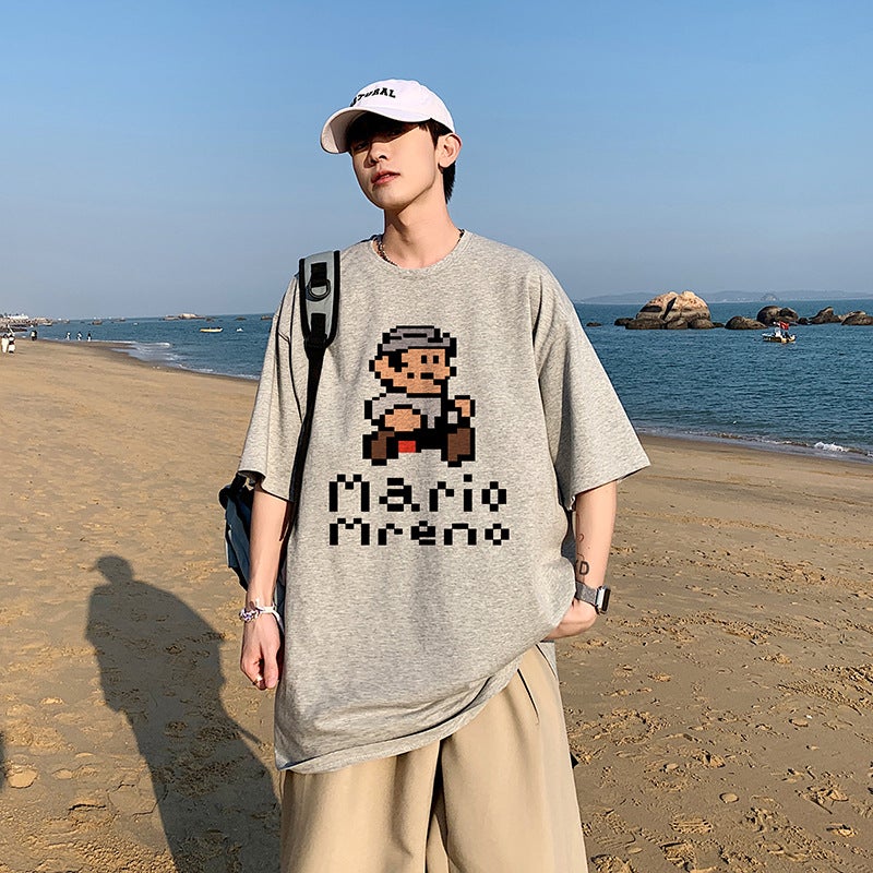 Cartoon Printed Short-Sleeved T-Shirt For Men 2022 Summer Ins Couple Loose American National Trend Half-Sleeved Gray Simple Casual - Image 1
