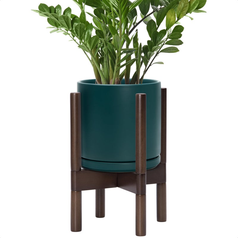 D'vine Dev Ceramic Planter with Walnut Color Stand - 8 Inch Modern Round Flower Pot with Wood Planter Holder, Teal, 55-B-Y-4 - Image 1