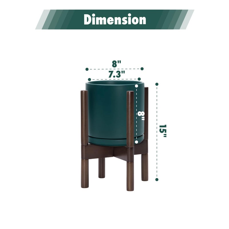 D'vine Dev Ceramic Planter with Walnut Color Stand - 8 Inch Modern Round Flower Pot with Wood Planter Holder, Teal, 55-B-Y-4 - Image 3