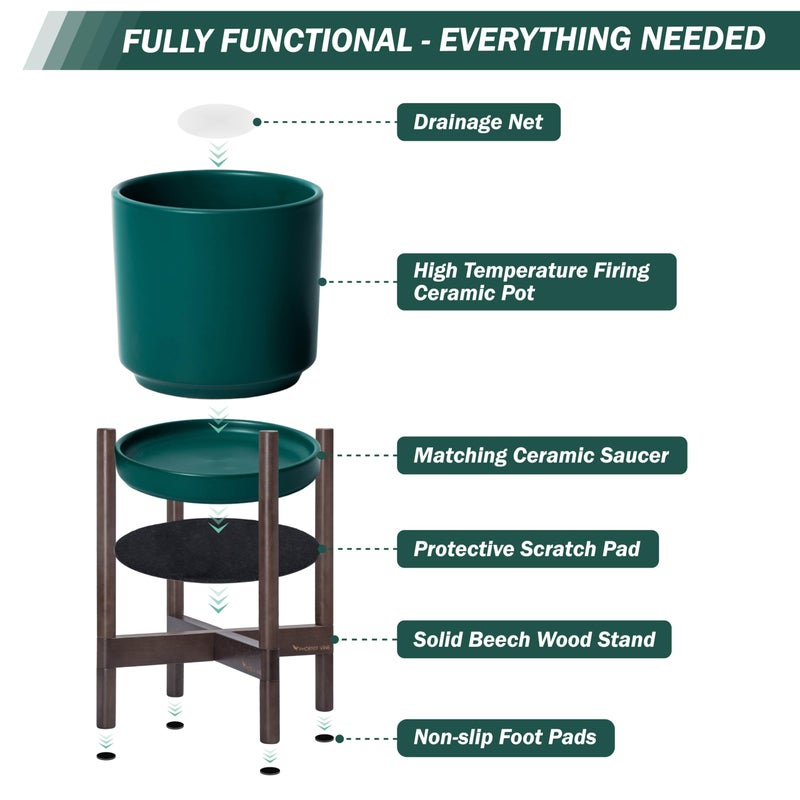D'vine Dev Ceramic Planter with Walnut Color Stand - 8 Inch Modern Round Flower Pot with Wood Planter Holder, Teal, 55-B-Y-4 - Image 5