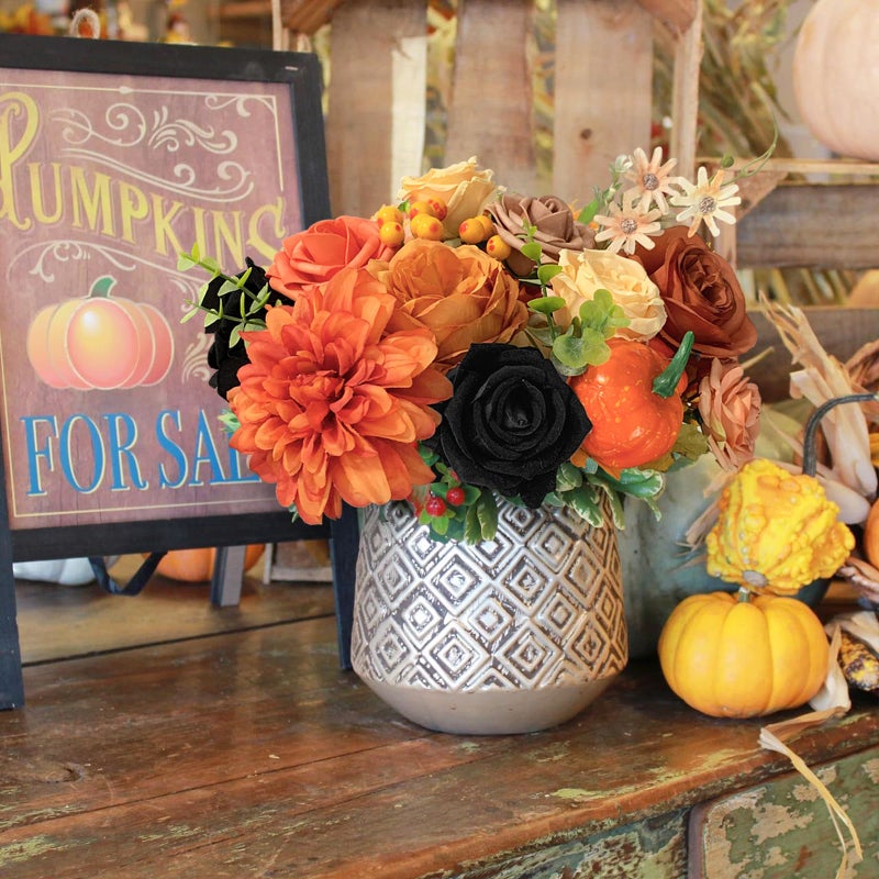 FACINOC Roses Artificial Flowers Fall Orange Black Bouquet Box Set for DIY Halloween Wreath Autumn Wedding Bridal Shower Decorations Party Table Centerpieces Fake Floral Arrangement Home Decor Indoor - Image 3