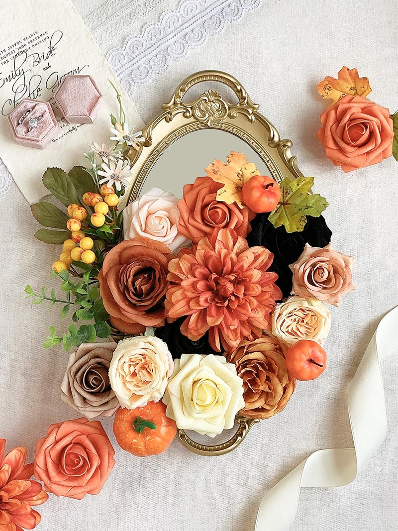 FACINOC Roses Artificial Flowers Fall Orange Black Bouquet Box Set for DIY Halloween Wreath Autumn Wedding Bridal Shower Decorations Party Table Centerpieces Fake Floral Arrangement Home Decor Indoor - Image 2