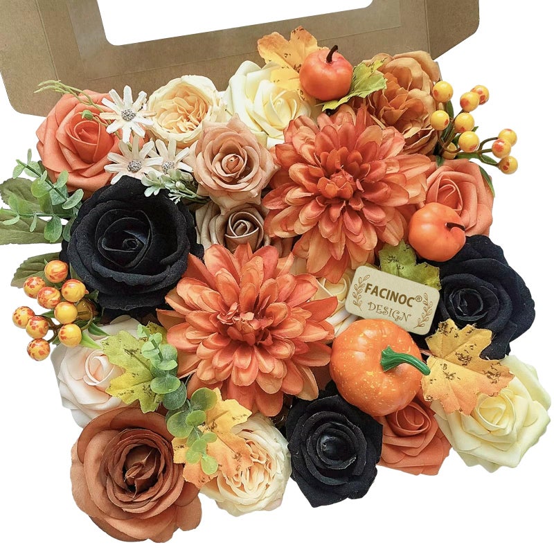 FACINOC Roses Artificial Flowers Fall Orange Black Bouquet Box Set for DIY Halloween Wreath Autumn Wedding Bridal Shower Decorations Party Table Centerpieces Fake Floral Arrangement Home Decor Indoor - Image 1