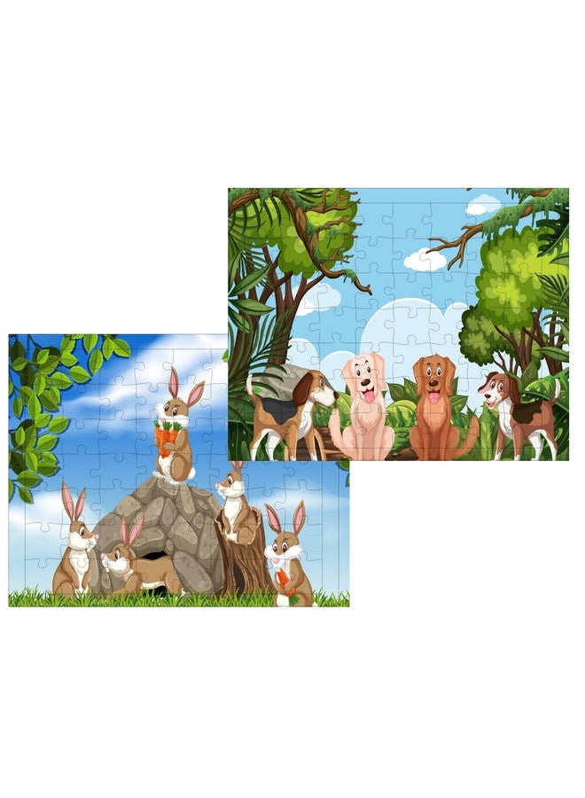Fiddlys 54 Pcs Wood Jigsaw Puzzles for Kids & Children Age 6+ Animal World and Sea World (Dogs + Bunny) - Image 1